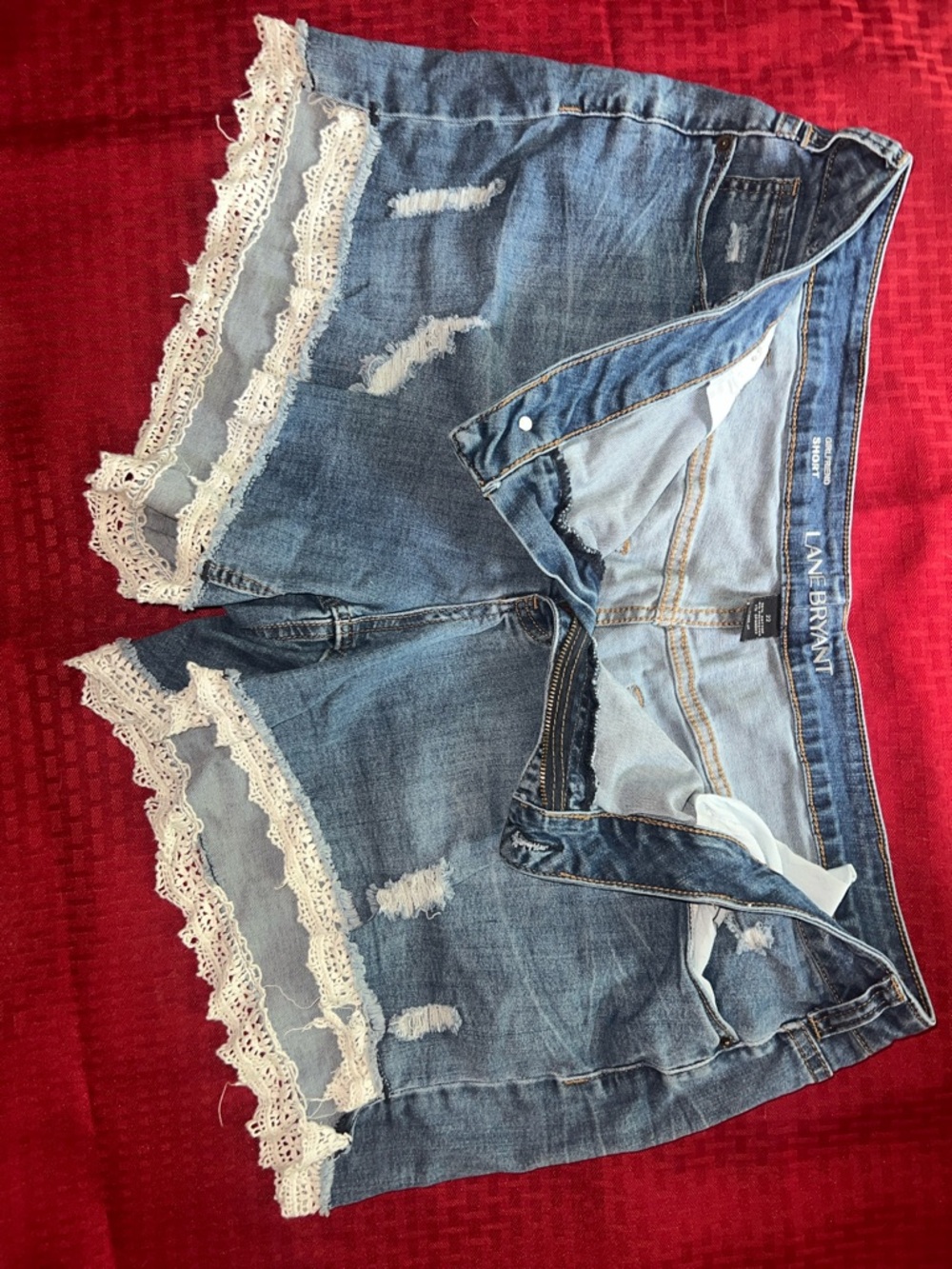 Lane Bryant Light Blue Denim Shorts with Cream Crochet Trim